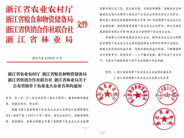 浙江省省級(jí)骨干農(nóng)業(yè)龍頭企業(yè)名單通知